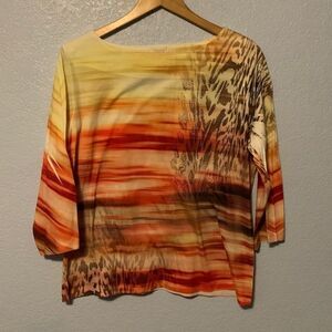 Chico’s Women’s Long Sleeve Shirt Animal Print Red Orange Yellow Embroidered